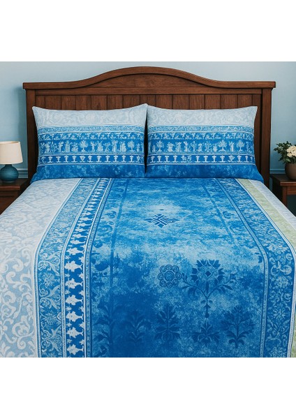 Premıum Yeşil Mavi Renk 102'DEN %100 Pamuk Çift Kişilik Nevresim Takımı Kutulu