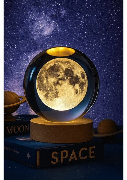 Ledli Usb'li Ahşap Standlı Dolunay Küre Temalı Kristal Ay Küre Renkli Rgb 3D Oda Masa Gece Lambası fırsatları