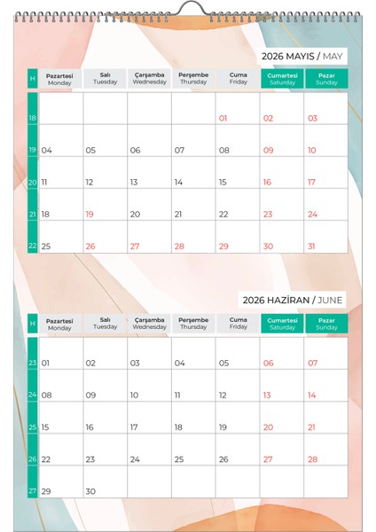 2026 Pastel Duvar Planlayıcı-6 SAYFA-33X48 cm modelleri