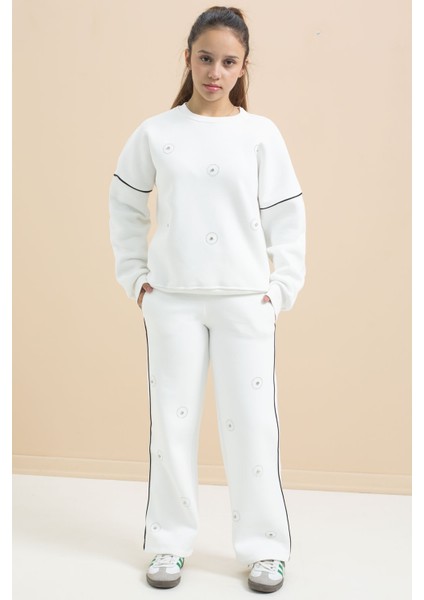 Beyaz Payet Işlemeli Şardonlu Kız Çocuk 2li Eşofman Takımı 21425