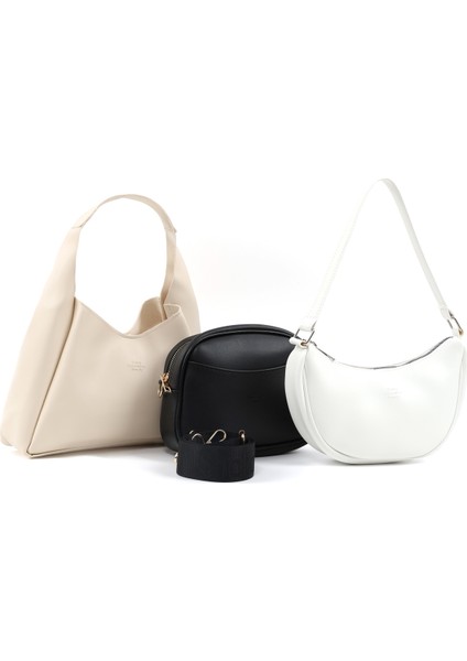 Siyah/beyaz/krem SHK237 Suni Deri El, Kol ve Omuz 3'lü Çanta Seti (SHK19-SHK194-SHK26)