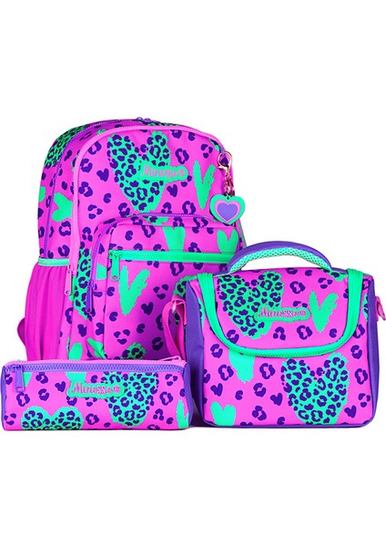 Kız Çocuk 3'lü Çanta Seti Su Dayanıklı Polyester Materyal Leopar Kalp Desenli