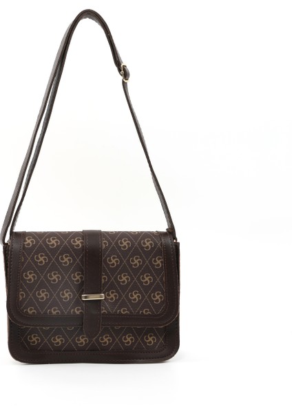 Monogram Baskılı Kahverengi SHK127 Suni Deri Iç Fermuar Cepli Çıtçıt Kapamalı El,kol ve Omuz Çantası