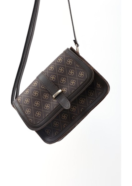 Monogram Baskılı Kahverengi SHK127 Suni Deri Iç Fermuar Cepli Çıtçıt Kapamalı El,kol ve Omuz Çantası