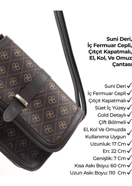 Monogram Baskılı Kahverengi SHK127 Suni Deri Iç Fermuar Cepli Çıtçıt Kapamalı El,kol ve Omuz Çantası