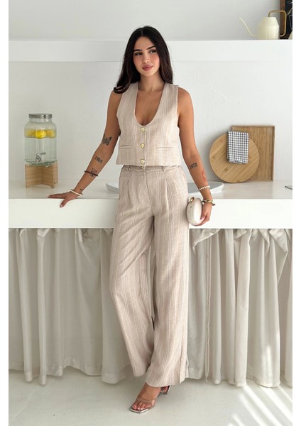 Çizgili Kumaş Yelek Takım Krem fiyatları