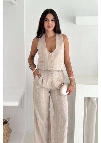 Çizgili Kumaş Yelek Takım Krem modelleri