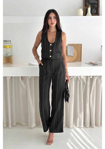 Çizgili Kumaş Yelek Takım Siyah