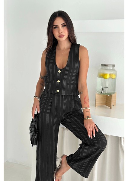 Çizgili Kumaş Yelek Takım Siyah modelleri
