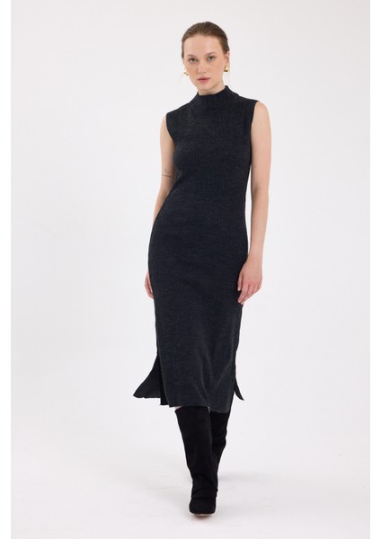Antrasit Sıfır Kol Triko Midi Elbise 2232