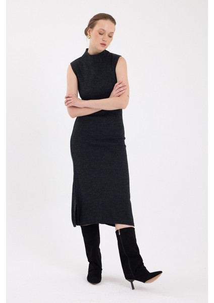 Antrasit Sıfır Kol Triko Midi Elbise 2232 modelleri