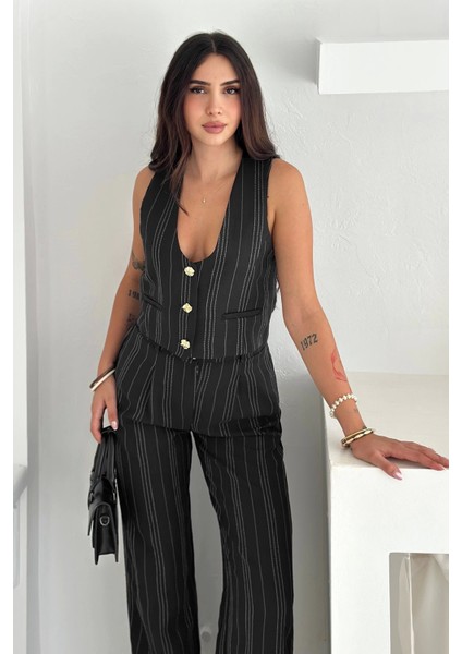 Çizgili Kumaş Yelek Takım Siyah fırsatları