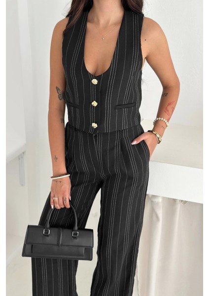 Çizgili Kumaş Yelek Takım Siyah indirimleri