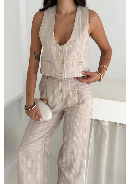 Çizgili Kumaş Yelek Takım Krem indirimleri