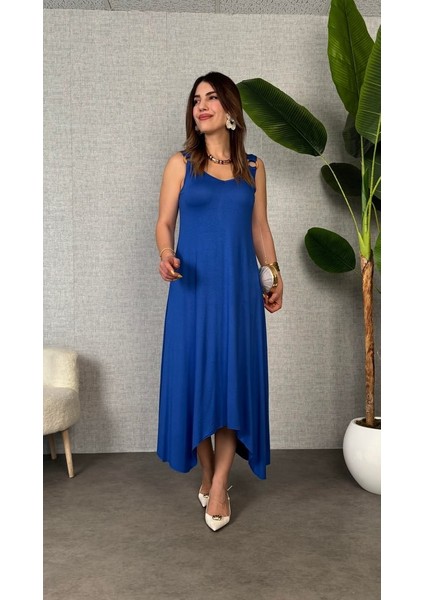 Kadın Çan Dokuma Kumaş V Yaka Asimetrik Kesim Elbise 2xl-Saks modelleri