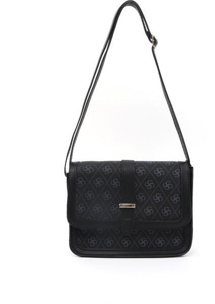 Monogram Baskılı Siyah SHK127 Suni Deri Iç Fermuar Cepli Çıtçıt Kapamalı El,kol ve Omuz Çantası