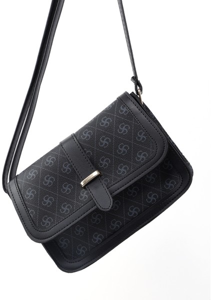 Monogram Baskılı Siyah SHK127 Suni Deri Iç Fermuar Cepli Çıtçıt Kapamalı El,kol ve Omuz Çantası