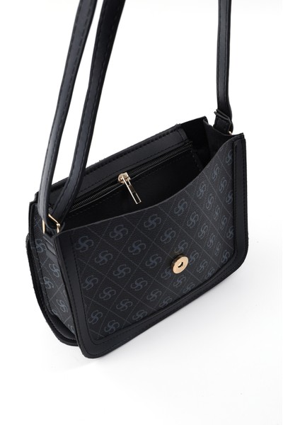 Monogram Baskılı Siyah SHK127 Suni Deri Iç Fermuar Cepli Çıtçıt Kapamalı El,kol ve Omuz Çantası