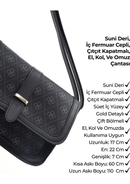 Monogram Baskılı Siyah SHK127 Suni Deri Iç Fermuar Cepli Çıtçıt Kapamalı El,kol ve Omuz Çantası