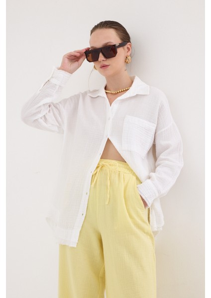 Beyaz Oversize %100 Pamuk Müslin Gömlek 4786A