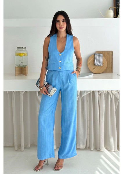 Çizgili Kumaş Yelek Takım Mavi