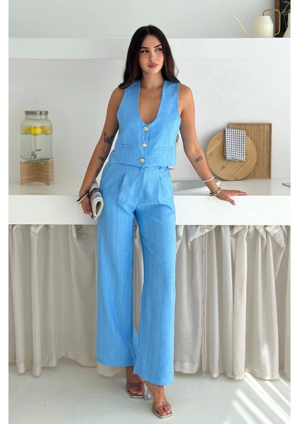 Çizgili Kumaş Yelek Takım Mavi fiyatları