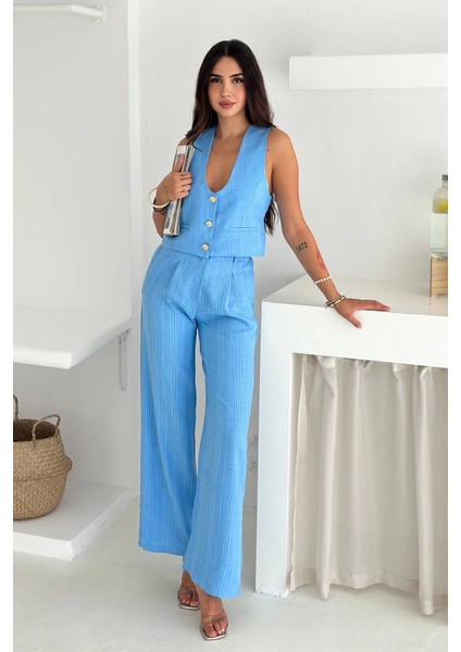 Çizgili Kumaş Yelek Takım Mavi modelleri