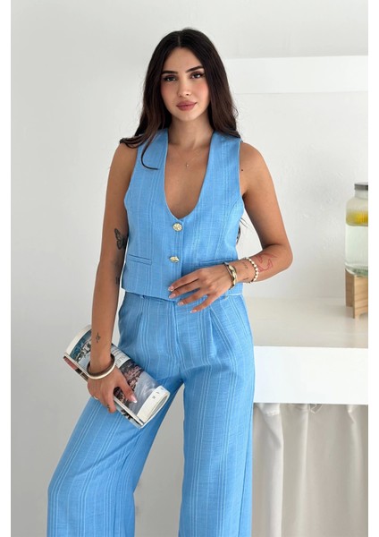 Çizgili Kumaş Yelek Takım Mavi fırsatları