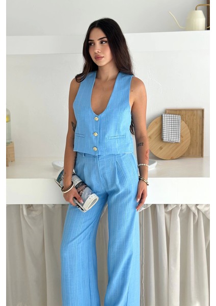 Çizgili Kumaş Yelek Takım Mavi indirimleri
