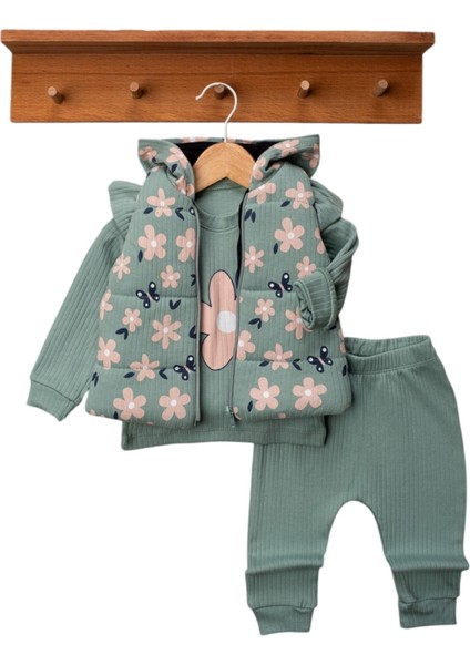 Çiçek Baskılı Üçlü Kız Takım