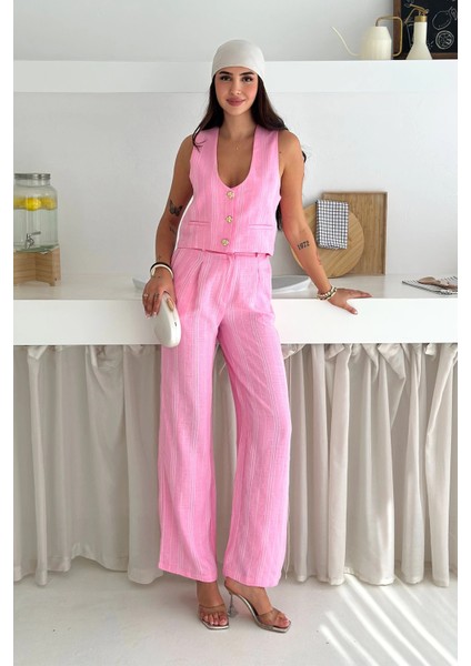 Çizgili Kumaş Yelek Takım Pembe