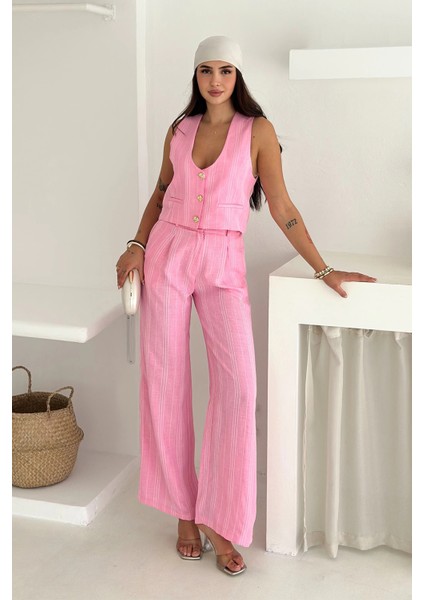 Çizgili Kumaş Yelek Takım Pembe modelleri