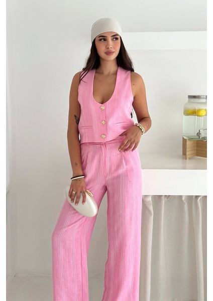Çizgili Kumaş Yelek Takım Pembe fırsatları