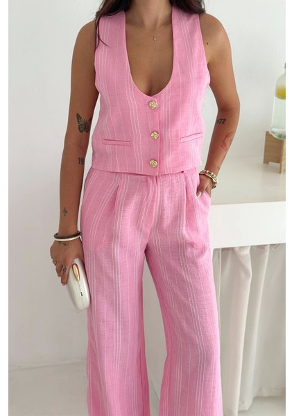Çizgili Kumaş Yelek Takım Pembe indirimleri
