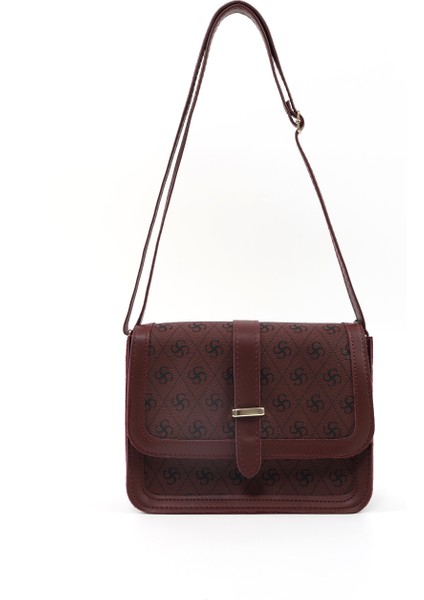 Monogram Baskılı Bordo SHK127 Suni Deri Iç Fermuar Cepli Çıtçıt Kapamalı El,kol ve Omuz Çantası