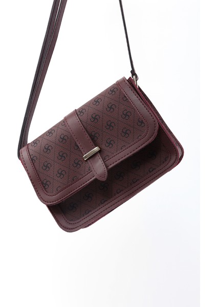 Monogram Baskılı Bordo SHK127 Suni Deri Iç Fermuar Cepli Çıtçıt Kapamalı El,kol ve Omuz Çantası