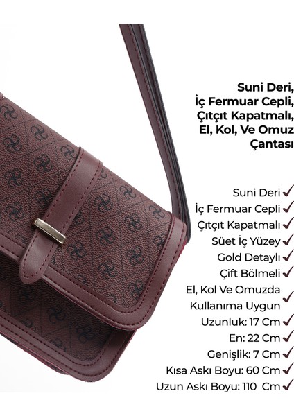 Monogram Baskılı Bordo SHK127 Suni Deri Iç Fermuar Cepli Çıtçıt Kapamalı El,kol ve Omuz Çantası