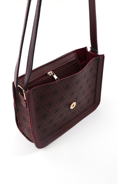 Monogram Baskılı Bordo SHK127 Suni Deri Iç Fermuar Cepli Çıtçıt Kapamalı El,kol ve Omuz Çantası