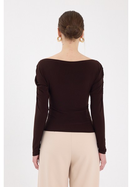 Kahve Kayık Yaka Kol Büzgülü Bluz 2433 indirimleri