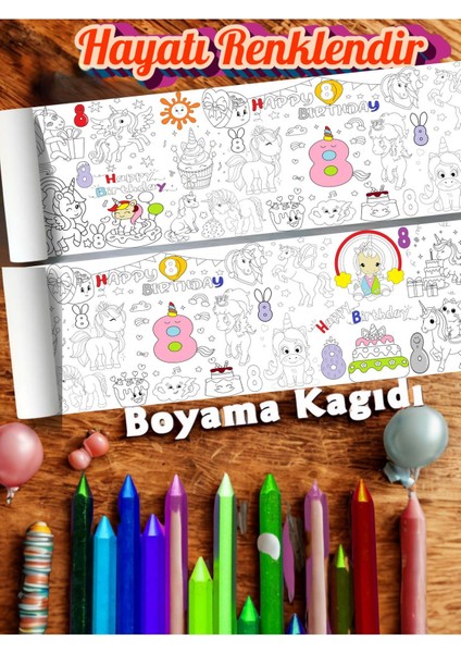 8 Yaş Doğum Günü Partisi Unicorn Temalı Dev Boyama Kağıdı | Eğitici Oyuncak, Kitap, Hediye