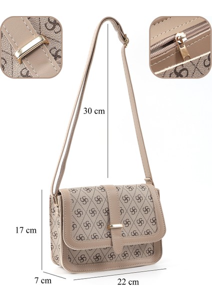 Monogram Baskılı Vizon SHK127 Suni Deri Iç Fermuar Cepli Çıtçıt Kapamalı El,kol ve Omuz Çantası fırsatları