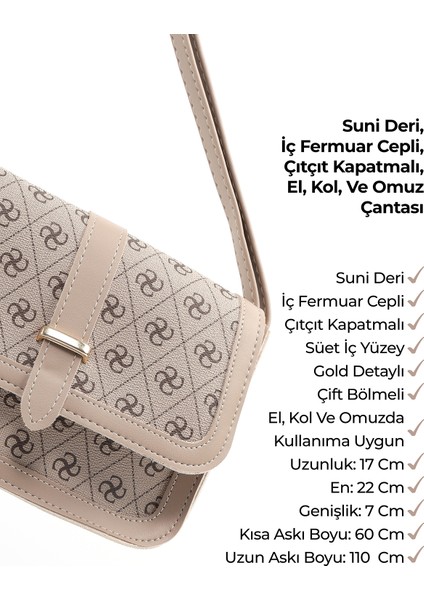 Monogram Baskılı Vizon SHK127 Suni Deri Iç Fermuar Cepli Çıtçıt Kapamalı El,kol ve Omuz Çantası