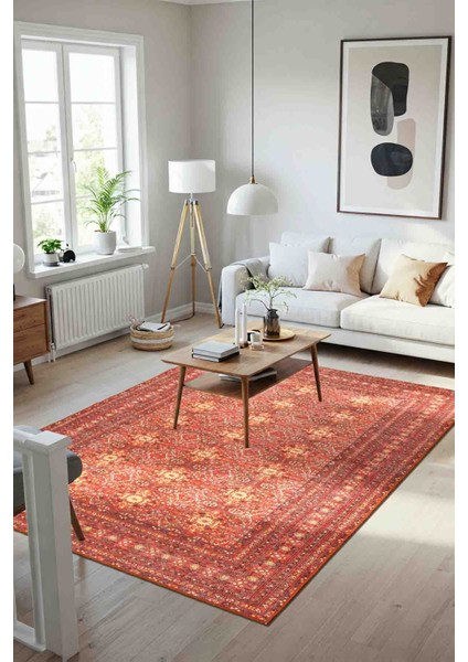 Relic Kırmızı Vintage Dokulu Geleneksel Desenli Dokuma Tabanlı Şönil Halı Al 474