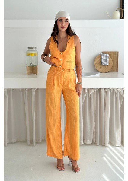 Çizgili Kumaş Yelek Takım Turuncu fiyatları