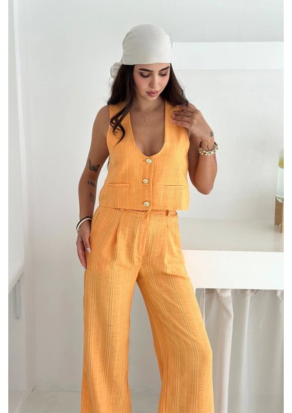 Çizgili Kumaş Yelek Takım Turuncu modelleri