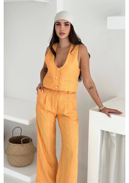Çizgili Kumaş Yelek Takım Turuncu indirimleri
