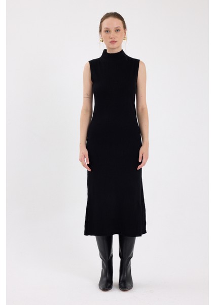 Siyah Sıfır Kol Triko Midi Elbise 2232 modelleri