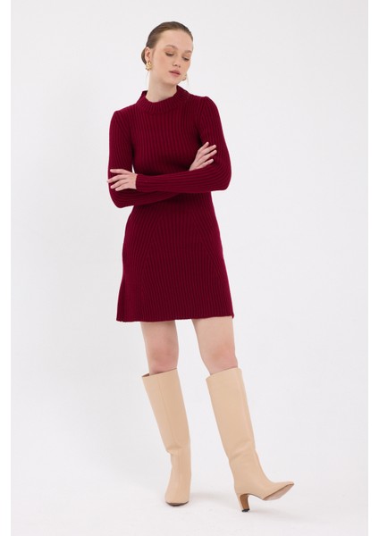 Bordo Balıkçı Yaka Triko Mini Elbise 1907