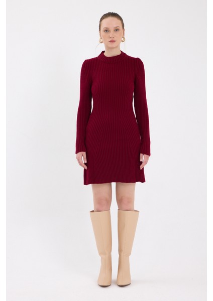 Bordo Balıkçı Yaka Triko Mini Elbise 1907 modelleri