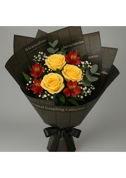 Gazete Desenli Yazılı Buket Ambalaj Kağıdı Retro Şık Çiçek ve Hediye Paketi 57X57 4 Adet modelleri